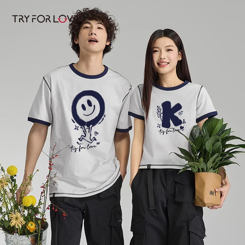 TRYFORLOVEOK搞怪笑脸情侣装短袖t恤2025新款高级感纯棉宽松半袖