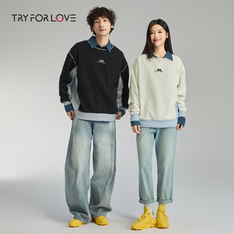 TRYFORLOVE情侣装插肩圆领卫衣外套女2025春秋季新款一长一短上衣