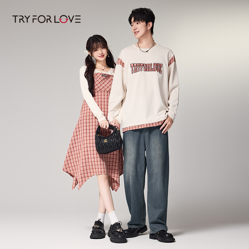 tryforlove情侣装格子连衣裙白桃少女2025春秋新款高级感一裙一衣