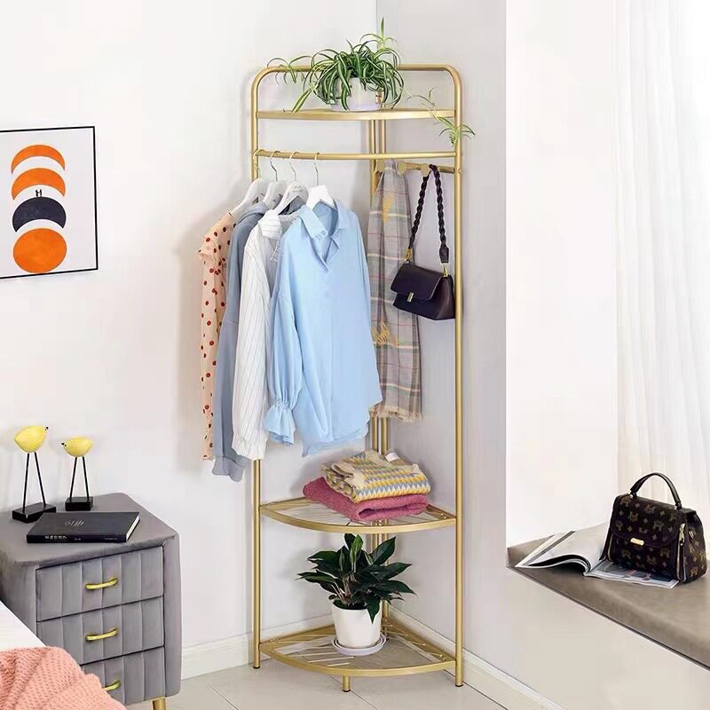 简易落地转角衣帽架金属墙角多层置物架家用卧室可折叠挂衣收纳架