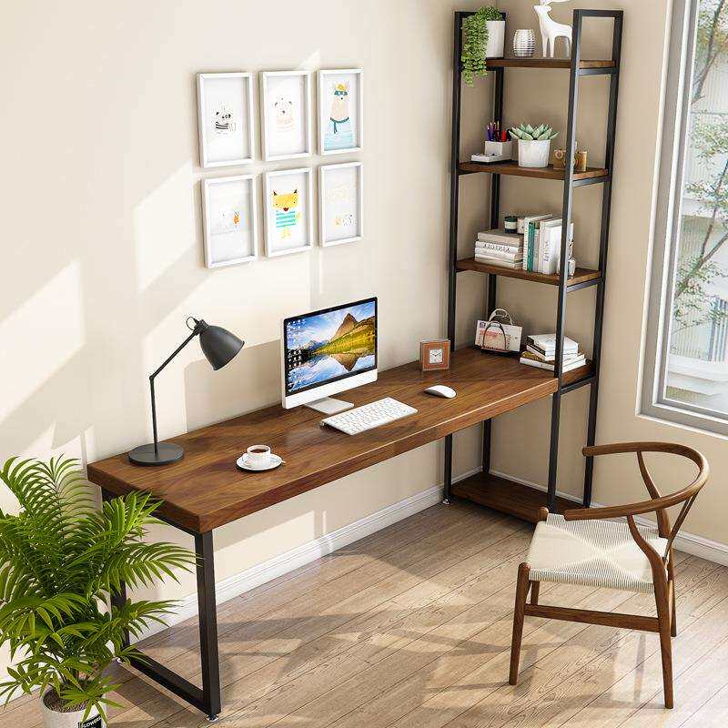 美式实木书桌书架一体组合角落带书柜电脑桌家用写字桌卧室长条桌