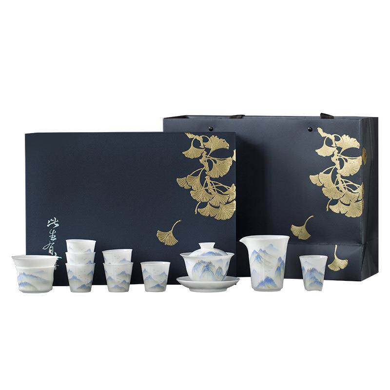 羊脂玉瓷手绘功夫茶具套装德化白瓷家用办公客厅盖碗茶杯商务礼品
