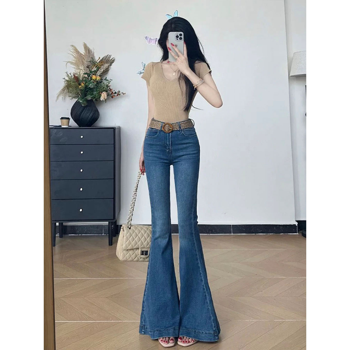 茉丽秋冬爆款美人鱼牛仔裤双v女性感紧身喇叭裤收腰弹力大摆微喇