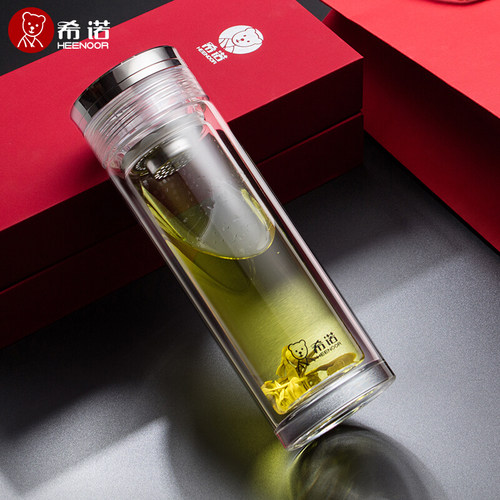 希诺双层玻璃杯高端男女商务办公车载水杯隔热带滤网泡茶杯子7052