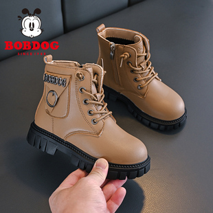 巴布豆女童马丁靴英伦风冬季加绒靴子软底童鞋小女孩儿童洋气鞋子