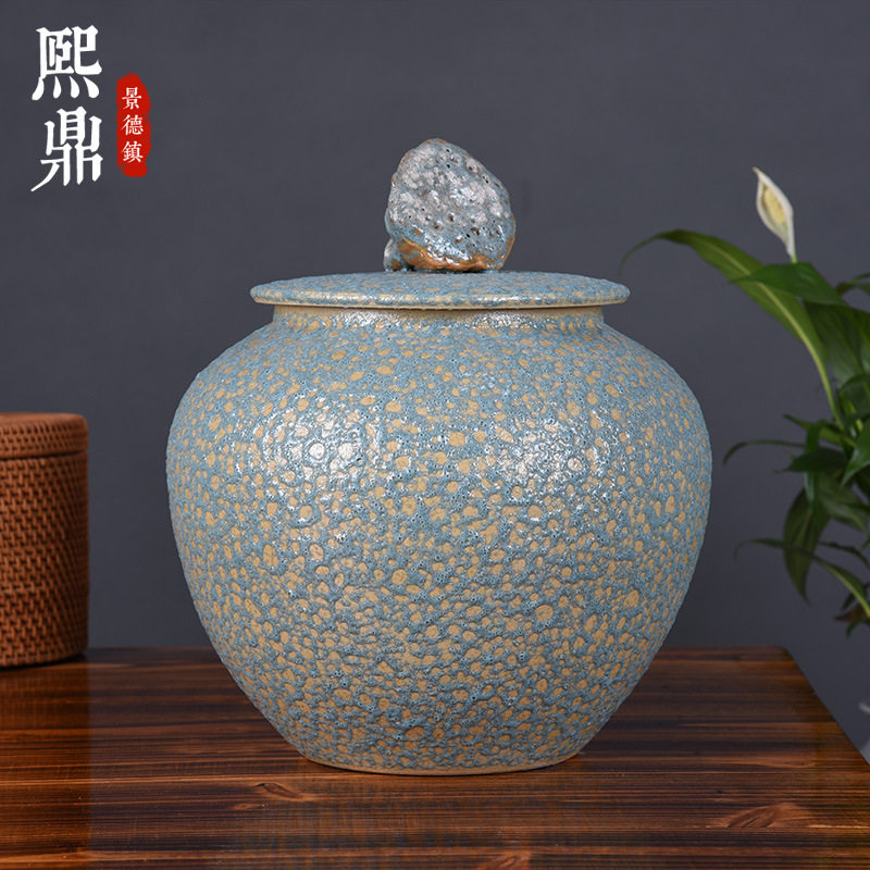现代手工创意窑变花釉带盖圆形罐子 家用储物缸防潮防虫米缸批发