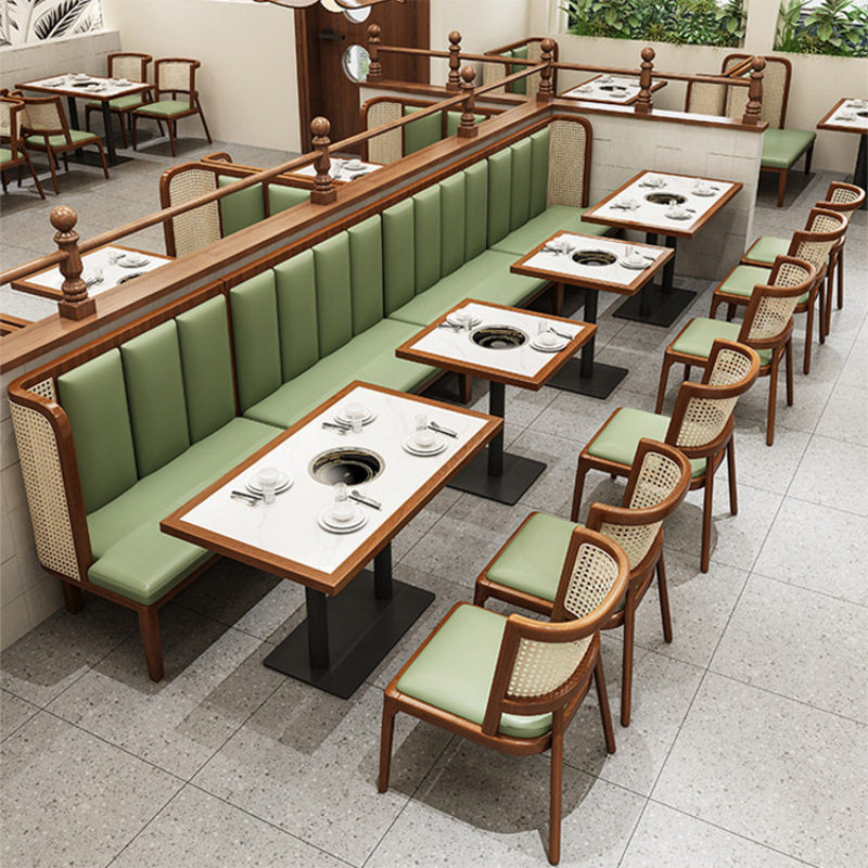新中式餐厅卡座沙发编藤实木餐桌椅火锅店茶楼西餐厅组合卡座