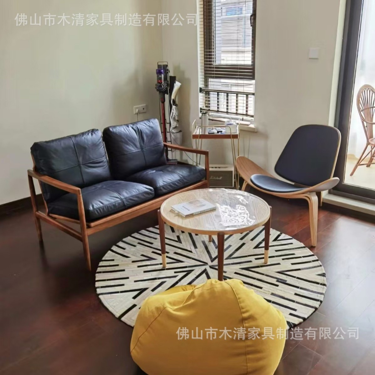 北欧双人沙发椅客厅家用阳台设计师中古风靠背椅懒人实木休闲椅