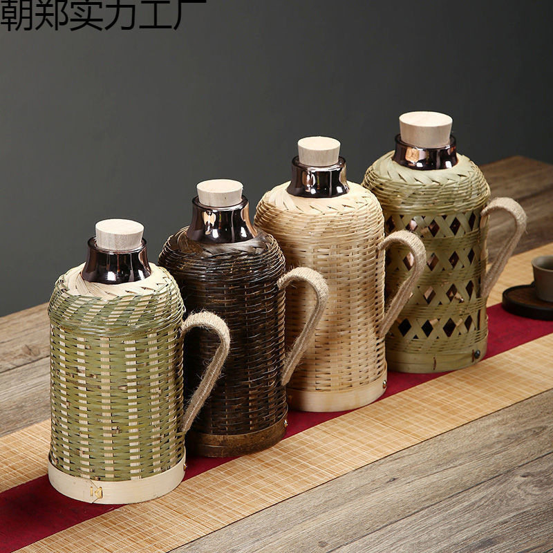 竹编热水瓶家用传统木塞水壶茶室办公室保温瓶玻璃内胆热水壶