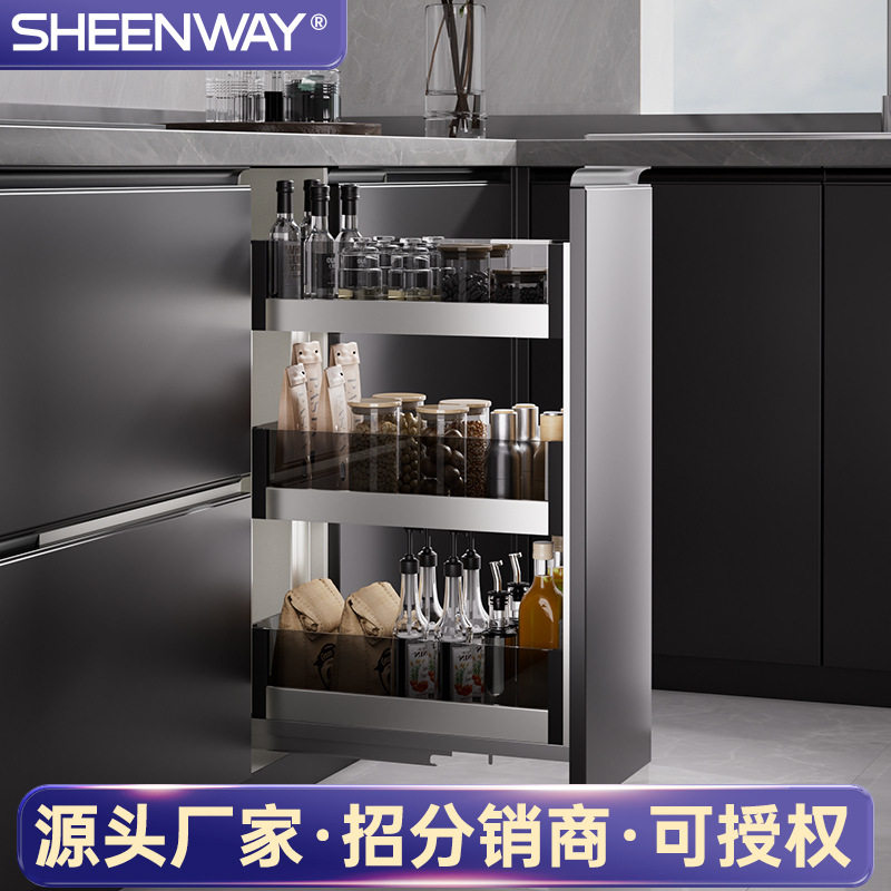 玻璃调味拉篮厨房橱柜开门抽屉式调味料篮窄厨柜收纳置物架厂家