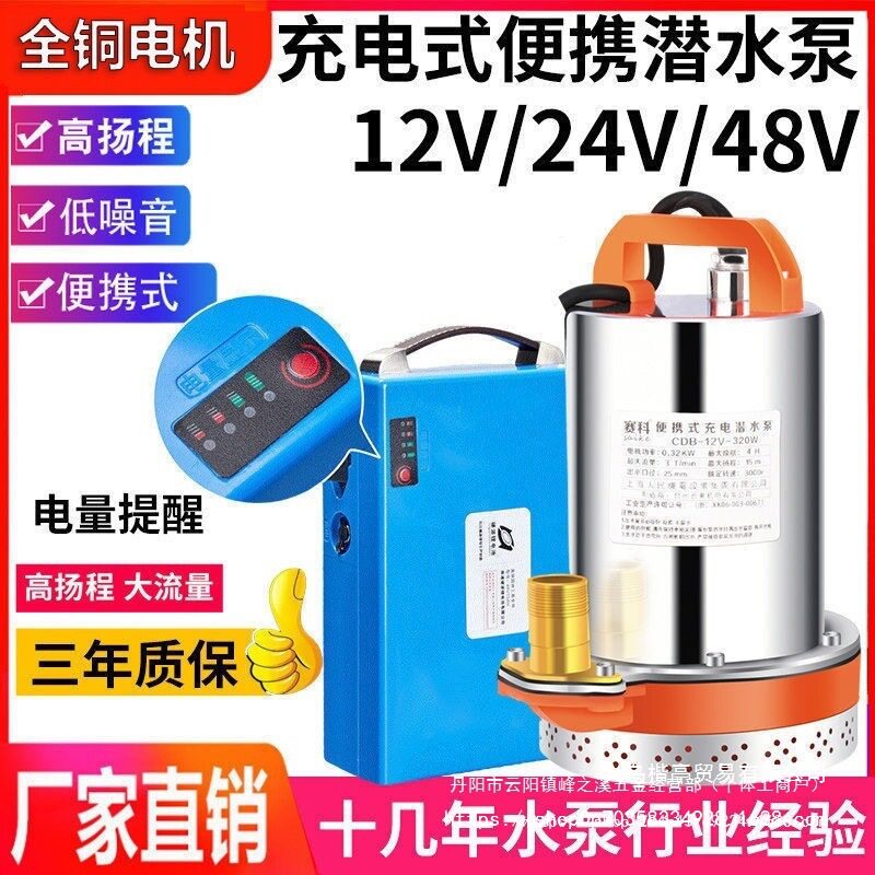 充电水泵可携式农用户外浇菜水泵12V24V抽水机大流量充电式潜水泵