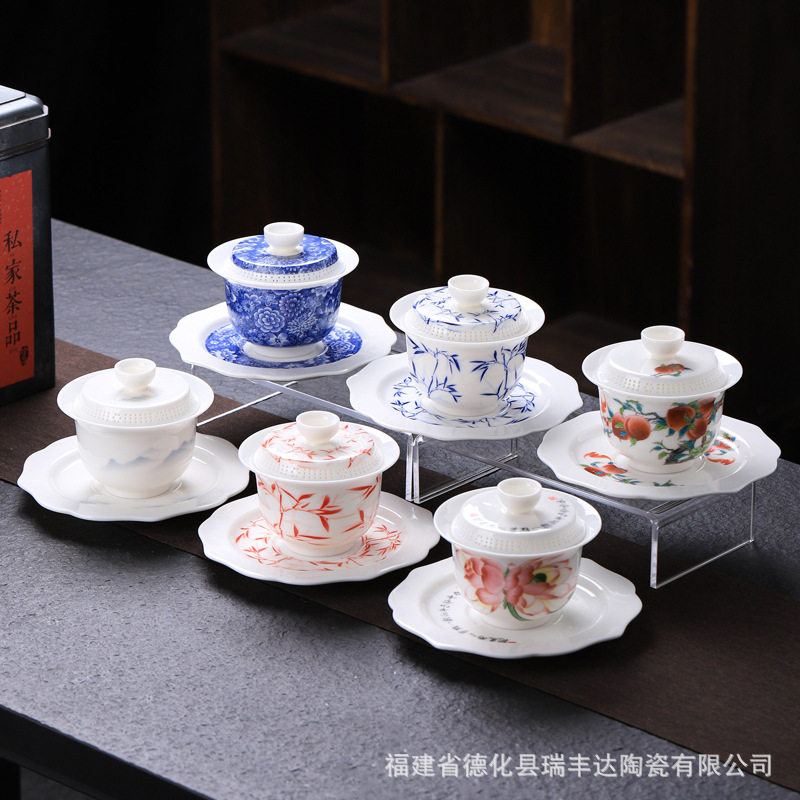 德化羊脂玉高白瓷大壶承陶瓷360度出水全瓷过滤悬停三才盖碗茶具
