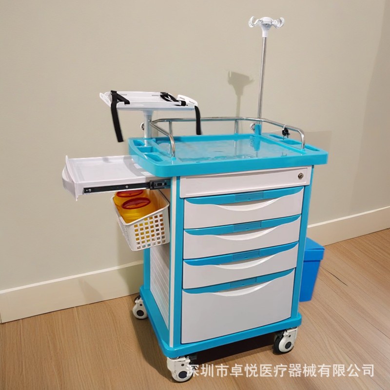 ABS抢救车四抽屉蓝色多功能急救车带垃圾桶杂物篮静音复苏板推车