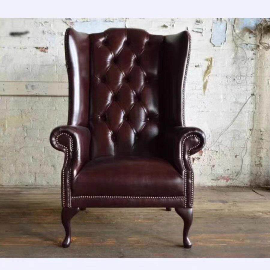 美式精品老虎椅高靠背棕色皮艺单人椅客厅复古沙发办公室洽谈椅子