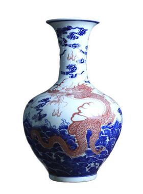 景德镇陶瓷器仿古青花釉里红龙纹花中式家居客厅摆件文玩收藏饰品