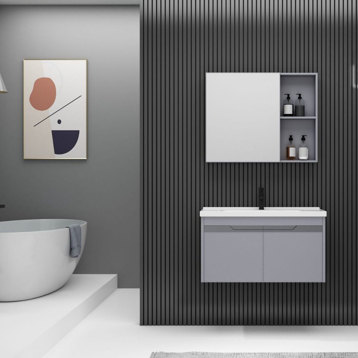 新款简约铝合金太空铝挂墙浴室柜一体陶瓷盆卫生间洗手洗漱组合装