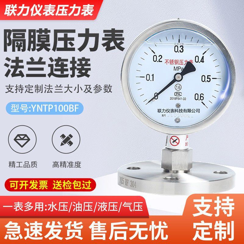 法兰连接304不锈钢隔膜耐震压力表YNTP100BF/MF衬四氟DN25膜片表