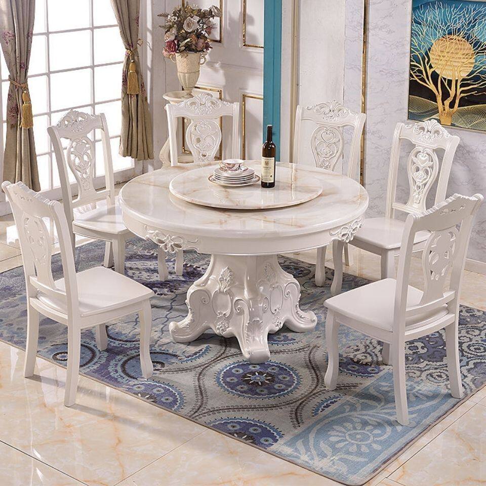 欧式餐桌大理石圆桌餐桌椅套装法式餐桌小户型圆桌带转盘餐桌家用
