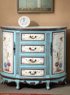 至高美式半圆玄关柜斗柜地中海装饰柜玄关桌复古蓝色花鸟餐边柜