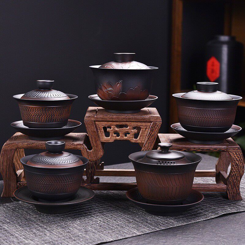 紫陶复古三才盖碗手工跳刀茶具盖碗紫砂壶家用办公室泡茶茶碗
