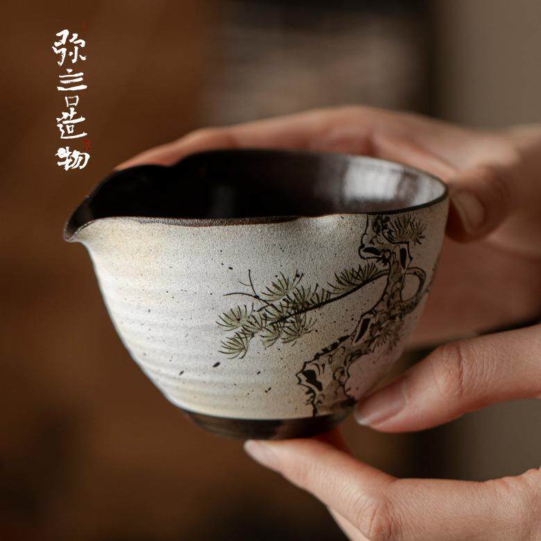弥言复古粗陶公道杯手绘松风分茶器日式粉引均杯匀杯茶道配件手工
