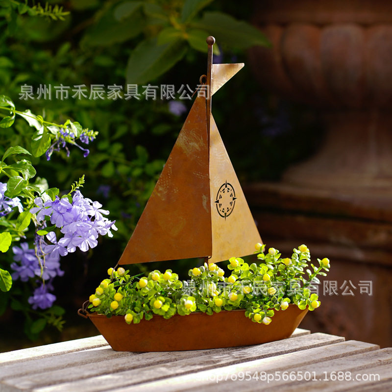 跨境爆款创意3D生锈帆船铁艺多肉植物桌面装饰花盆花园装饰摆件