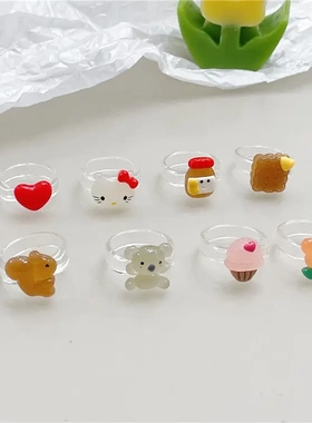 趣味卡通猫咪爱心小花冰淇凌爱心 树脂戒指甜美情侣百搭透明戒子
