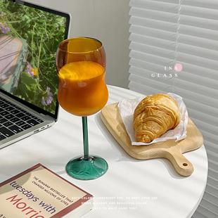 耐高温家用酒杯玻璃水杯子 高颜值in风高脚撞色高硼硅彩色玻璃杯