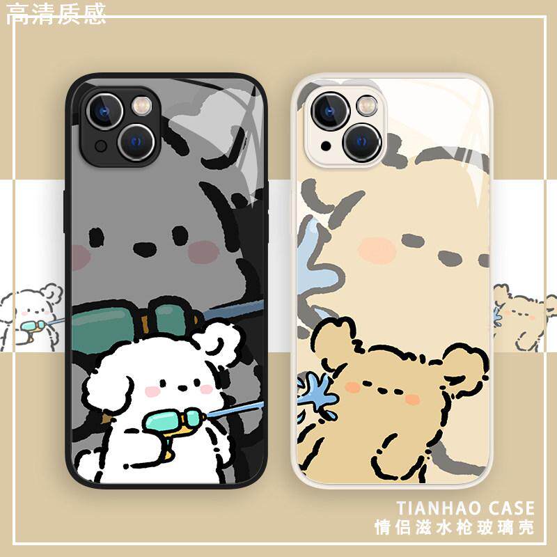 小狗滋水枪适用苹果15新款手机壳iPhone14promax华为mate60情侣p50小米13红米k70玻璃vivoiqoo套OPPOreno一加