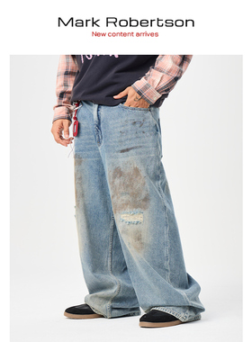Mark Robertson2025美式街头渐变牛仔裤男磨破宽松直筒休闲裤子