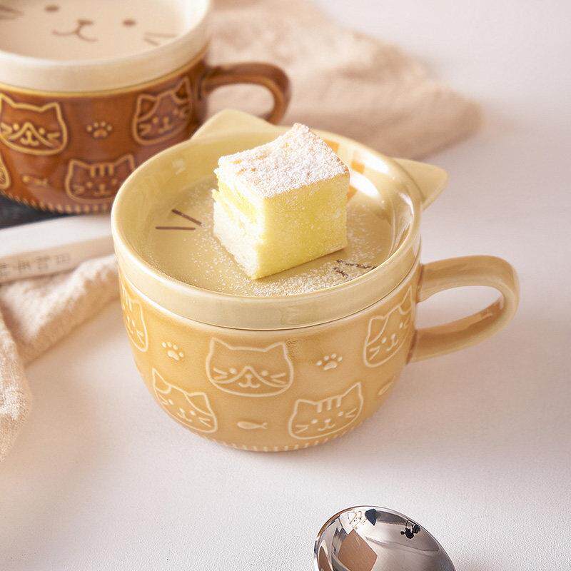 早餐马克杯带盖勺牛奶燕麦片陶瓷小众可爱可微波家用大容量水杯子