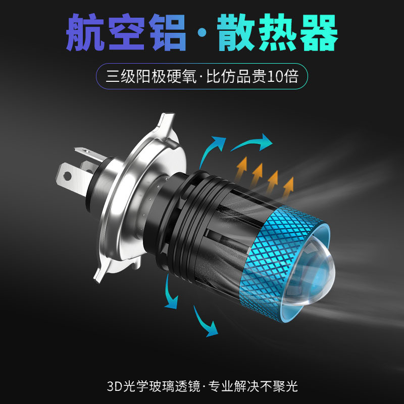 机车电动车滑板车改装大灯LED灯泡超亮车灯双爪三爪H4透镜射灯