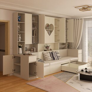 精选沙发储物柜一体去客厅化书柜整墙到顶卡座式书架带玻璃门柜子