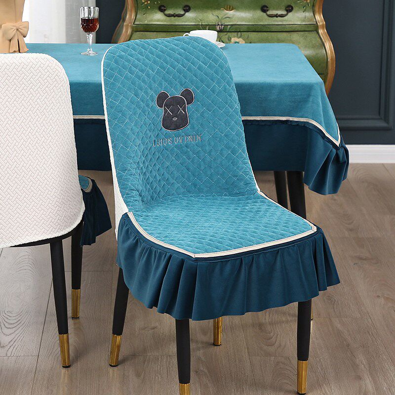 弧形椅子套罩凳子套雪尼尔防滑底刺绣熊轻奢坐垫靠背一体餐桌椅套
