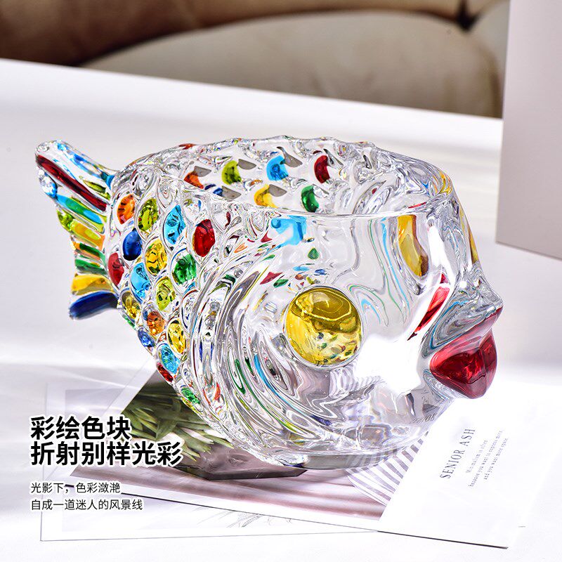 法兰晶玻璃彩色花瓶创意鱼形水培绿萝花器桌面摆件办公室装饰品