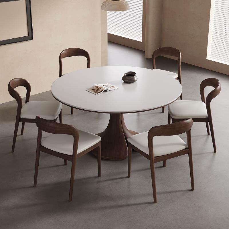 法式覆古岩板餐桌现代简约圆桌2024新款胡桃中古风实木圆形餐桌