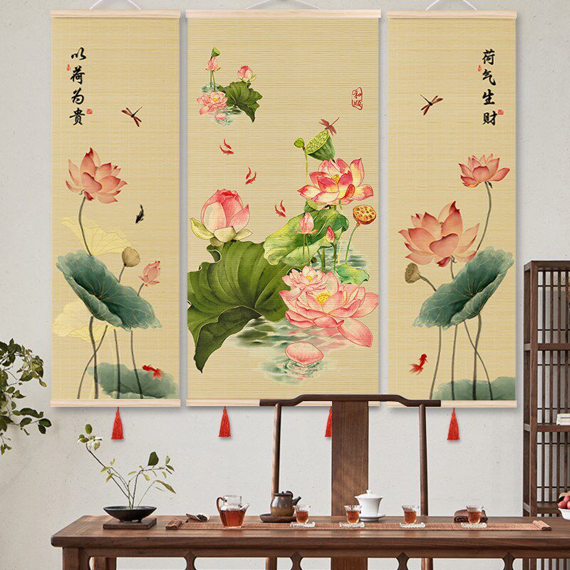 荷气满堂竹艺挂画荷花玄关环保竹帘装饰画卷轴竖版竹编墙面装饰品