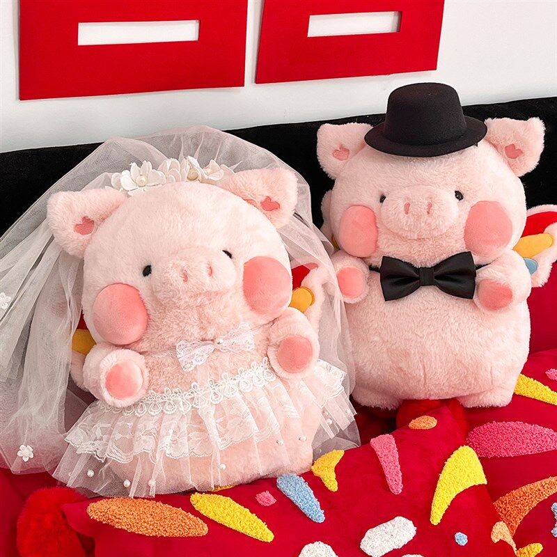 压床娃娃一对结婚新款婚纱小猪公仔婚房摆件新婚礼物玩偶喜字抱枕