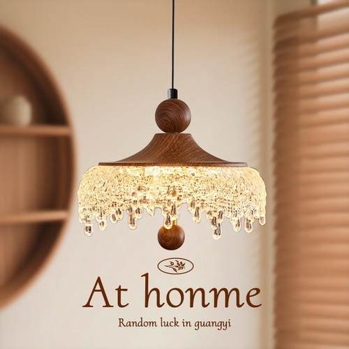 中古风升降水滴吊灯覆古胡桃木色床头吊灯高级感饭厅玄关可触摸灯