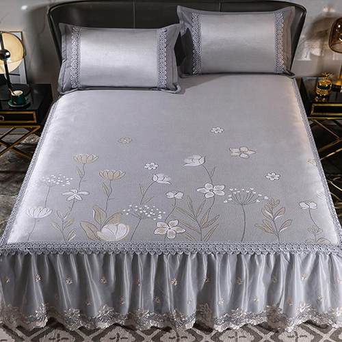 高档床裙款冰丝凉席三件套夏季蕾丝1.8m床罩空调软席子可拆卸水洗