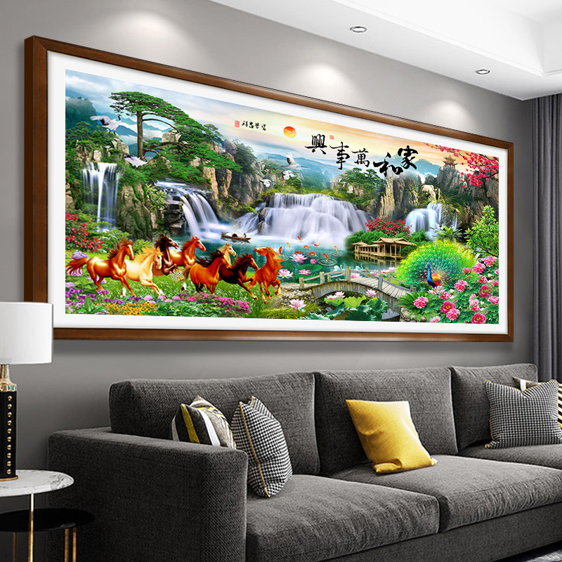 2021新款钻石画客厅家和万事兴山水风景画八骏图八匹马十字绣满钻
