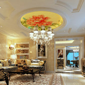精选中式 圆形顶天花板贴画客厅卧室手绘花鸟墙纸餐厅吊顶壁画棚顶
