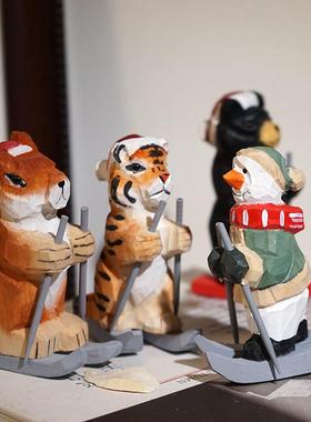 “滑雪公园”手工木雕装饰品可爱的卡通动物雪橇桌面圣诞装饰品