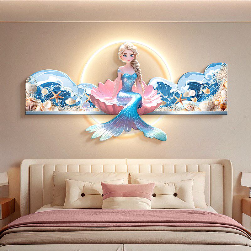 美人鱼儿童房间床头装饰画 画卡通公主房卧室挂画 画海浪背景墙带