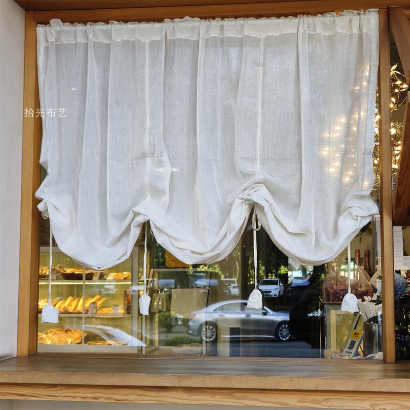 日式亚麻提拉帘弧形拱形门帘复古B罗马帘魔术贴系带半帘升降帘隔