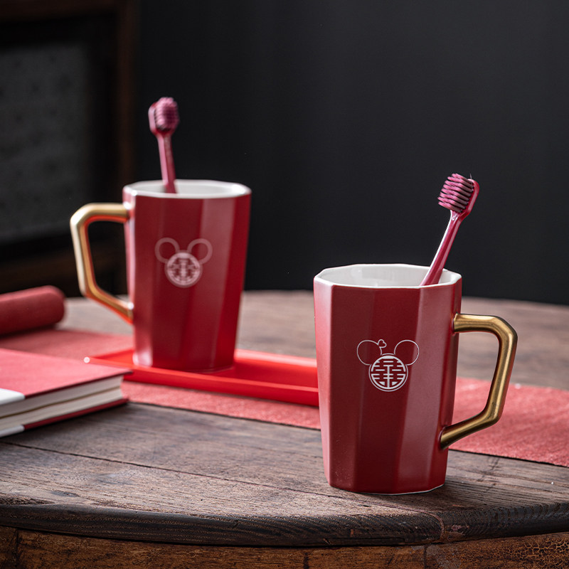 结婚洗漱杯牙刷杯套o装情侣红色陶瓷漱口杯牙杯一对新婚庆陪嫁用