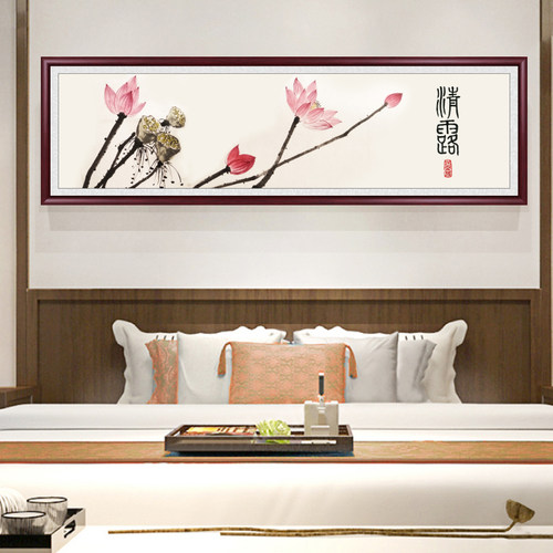 热销新中式荷花客厅装饰画v卧室床头挂画沙发背景墙壁画茶室餐厅