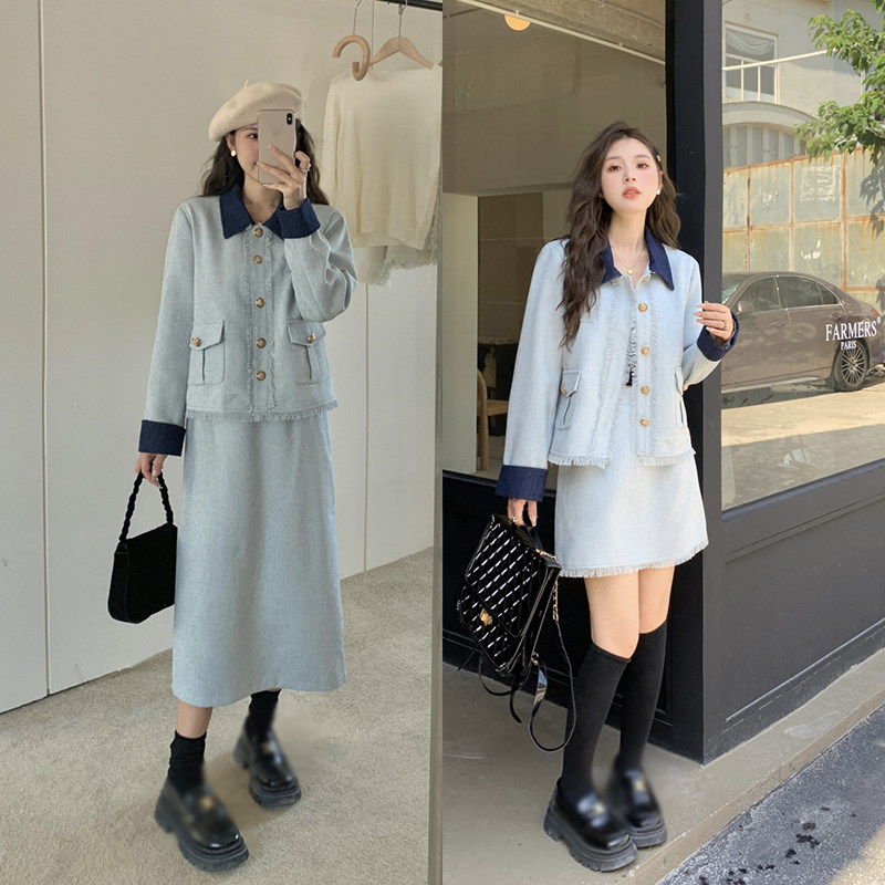 速发大身套装牛仔外套半码件梨形身材穿搭两裙套