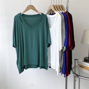 速发莫代懒蝙慵袖 性感露肩T恤宽松蝠尔风镂空居家上衣木代尔T恤