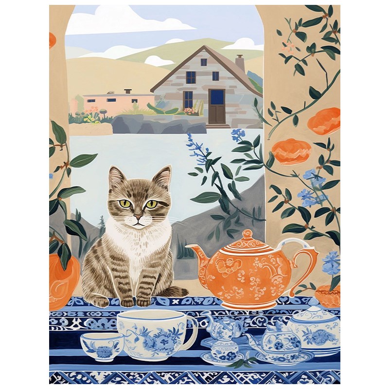 速发青花瓷摆件艺术手绘油画客厅马蒂斯猫咪装饰挂画玄关窗边风景图片